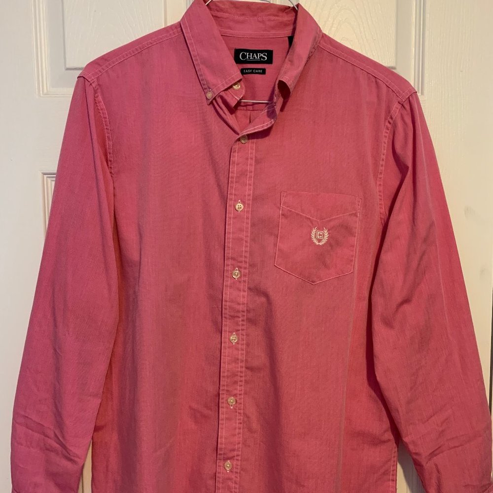 Men's Pink Button-Up Dress Shirt Long Sleeve Chest Pocket Embroidered Logo